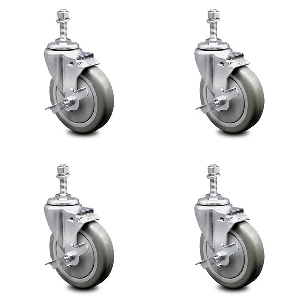 Service Caster 5 Inch Gray Polyurethane Swivel 3/8 Inch Threaded Stem Caster Set with Brake SCC SCC-TS20S514-PPUB-TLB-381615-4 - main